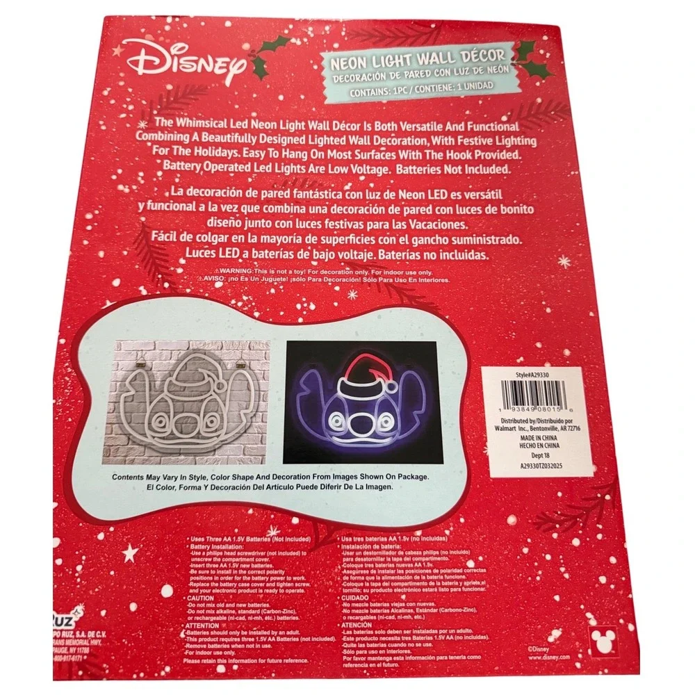 Disney Lilo & Stitch Christmas Santa Hat Neon Light Wall Decor LED‎ Sign New